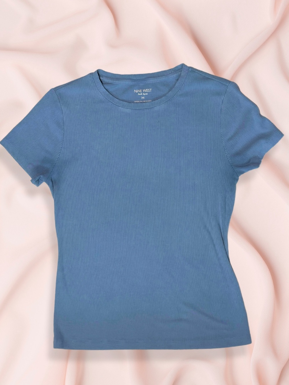 Nine West Blue Ribbed Short Sleeve Crewneck Tee